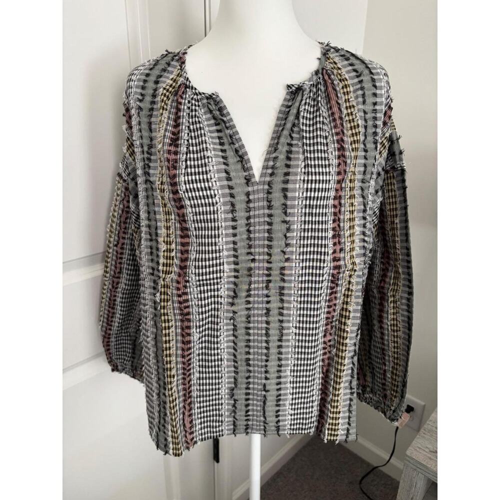 NWT Lou & Grey Black Multi Plaid Frayed V Neck Long Sleeve Blouse Size L